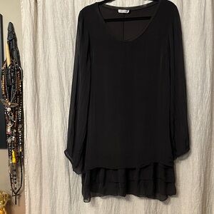 Italian Silk Black Layered Long Sleeve Dress